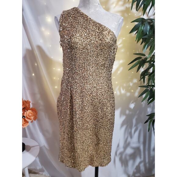 Calvin Klein Gold Sequin One Shoulder Stretch Dress Size 8 Sparkle Glam Formal - Picture 1 of 12